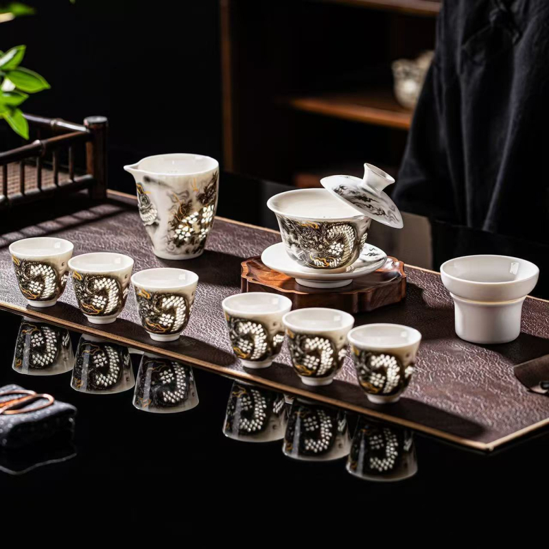 Set Kung Fu de ceai din porțelan Jade pentru birou și casă – set ceramic complet cu ceainic și vas de ceai în cutie cadou