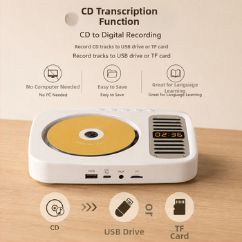 CD player portabil cu Bluetooth, suport MP3-CD și funcție de înregistrare a discului pentru învățarea limbilor