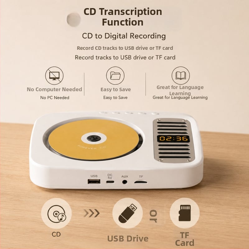 CD player portabil cu Bluetooth, suport MP3-CD și funcție de înregistrare a discului pentru învățarea limbilor