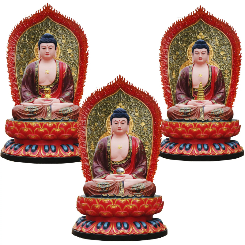 Statuie Amitabha Buda pentru templu, statuie din cupru/bronz cu Trei Sfinți și Trei Comoare, placare cu aur personalizată