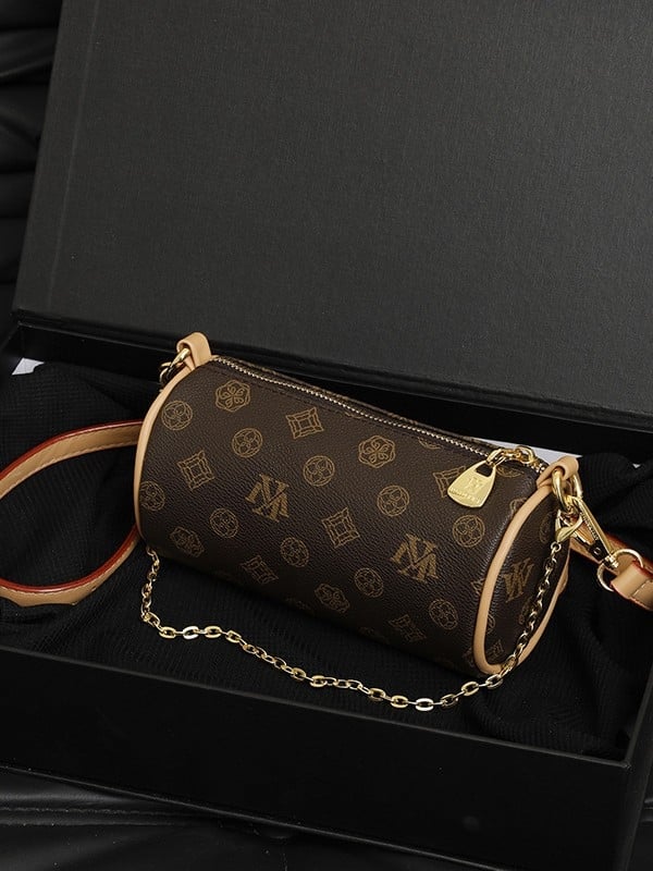 Geantă cilindrică pentru femei, imprimeu monogram, stil luxos, crossbody de umăr, model 2026, dimensiune medie