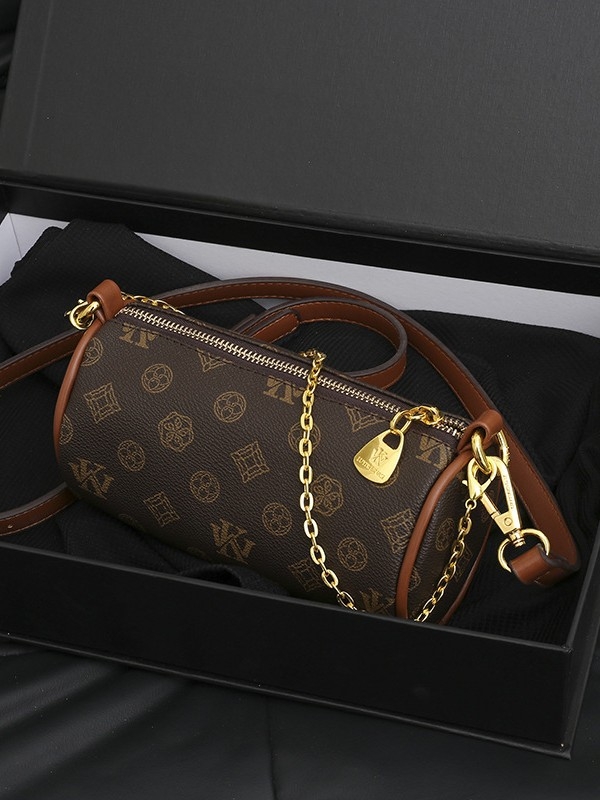 Geantă cilindrică pentru femei, imprimeu monogram, stil luxos, crossbody de umăr, model 2026, dimensiune medie
