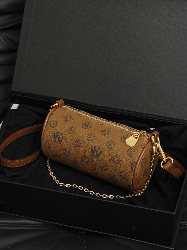 Geantă cilindrică pentru femei, imprimeu monogram, stil luxos, crossbody de umăr, model 2026, dimensiune medie