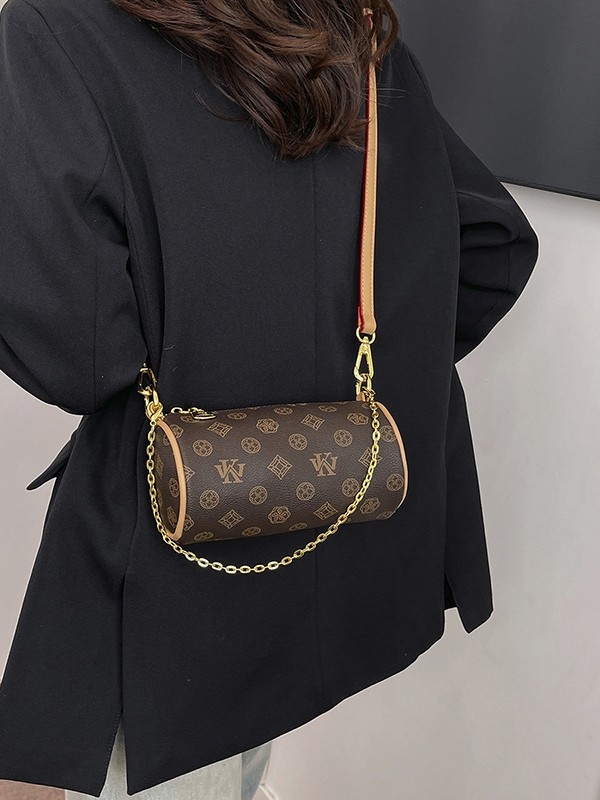 Geantă cilindrică pentru femei, imprimeu monogram, stil luxos, crossbody de umăr, model 2026, dimensiune medie