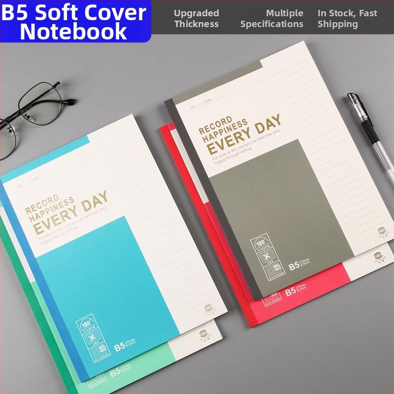 Zápisník B5 s farebným mäkkým obalom, hrubý zošit na poznámky zo stretnutí, vodorovná linka