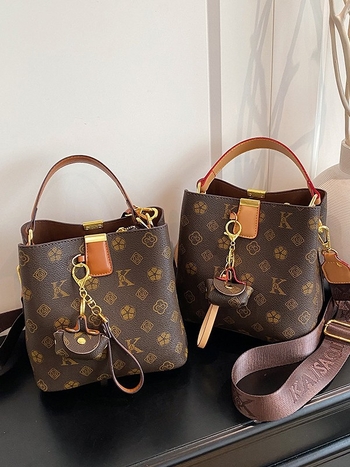 Geantă-bucket imprimată pentru femei, PU, textură color-block, curea crossbody, mărime medie, pentru uz zilnic la serviciu