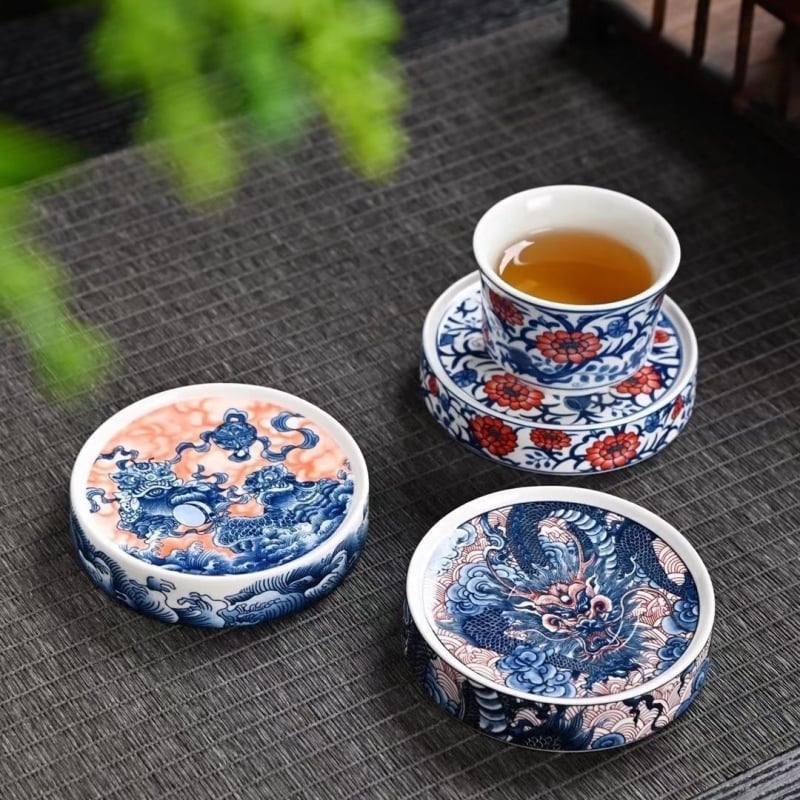 Tăviță ceramică de ceai albastru și alb, în stil Chinezesc, cu suport pentru capac, suport pentru căni și suport pentru ceainic – accesorii pentru ceremonia Kung Fu a ceaiului.