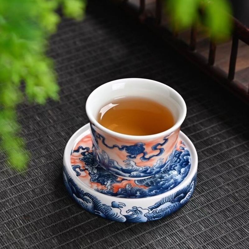 Tăviță ceramică de ceai albastru și alb, în stil Chinezesc, cu suport pentru capac, suport pentru căni și suport pentru ceainic – accesorii pentru ceremonia Kung Fu a ceaiului.