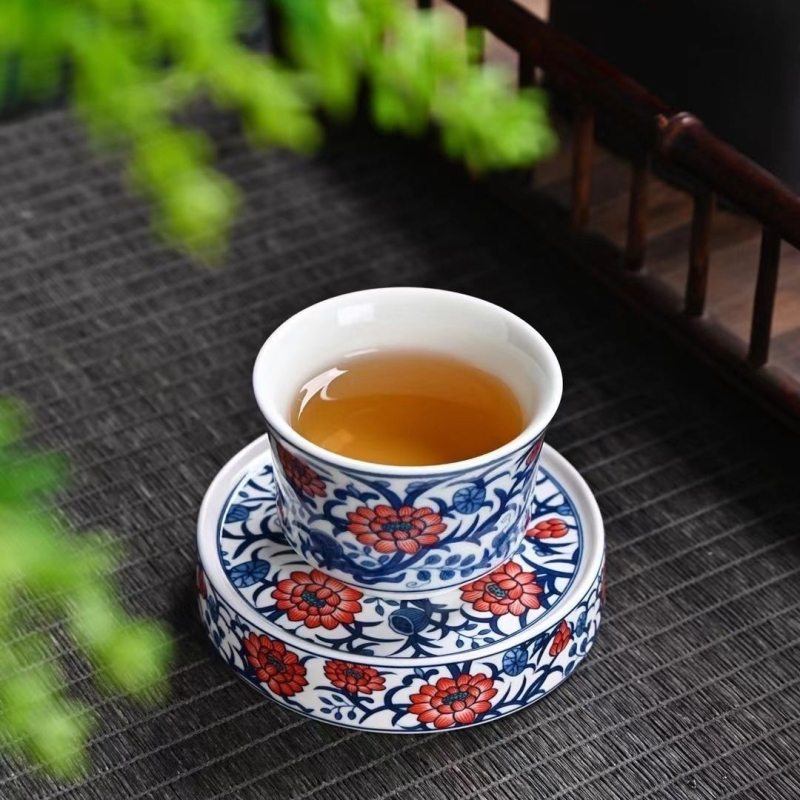 Tăviță ceramică de ceai albastru și alb, în stil Chinezesc, cu suport pentru capac, suport pentru căni și suport pentru ceainic – accesorii pentru ceremonia Kung Fu a ceaiului.