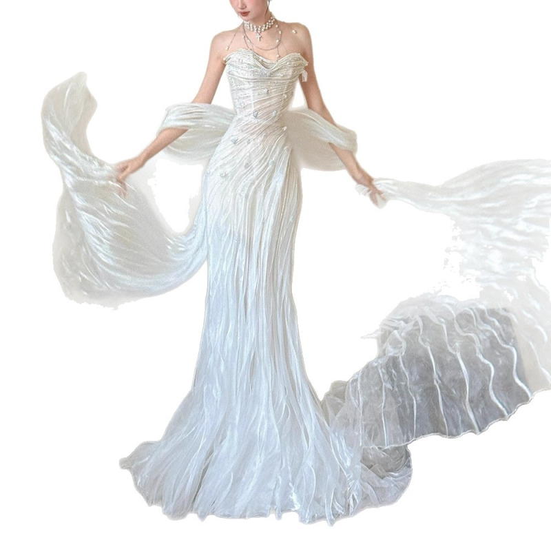 Rochie de seară din voal fluid, decolteu off-shoulder, siluetă sirenă, lux lejer, lungă, croitură la comandă