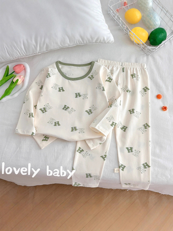 Set de pijamale pentru copii din bumbac cu Lycra, termic, imprimeuri, croială slim, mâneci lungi, pentru începutul toamnei