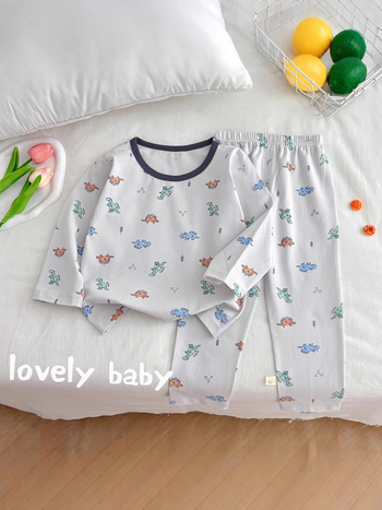 Set de pijamale pentru copii din bumbac cu Lycra, termic, imprimeuri, croială slim, mâneci lungi, pentru începutul toamnei