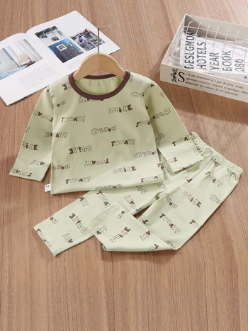 Set de pijamale pentru copii din bumbac cu Lycra, termic, imprimeuri, croială slim, mâneci lungi, pentru începutul toamnei