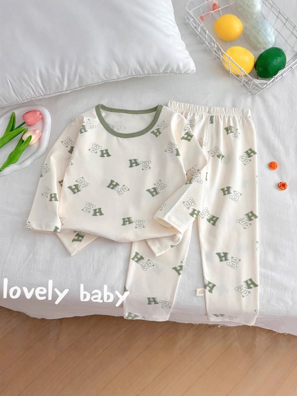 Set de pijamale pentru copii din bumbac cu Lycra, termic, imprimeuri, croială slim, mâneci lungi, pentru începutul toamnei