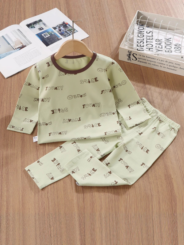 Set de pijamale pentru copii din bumbac cu Lycra, termic, imprimeuri, croială slim, mâneci lungi, pentru începutul toamnei