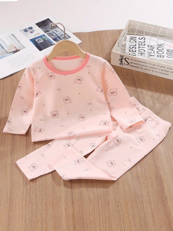 Set de pijamale pentru copii din bumbac cu Lycra, termic, imprimeuri, croială slim, mâneci lungi, pentru începutul toamnei
