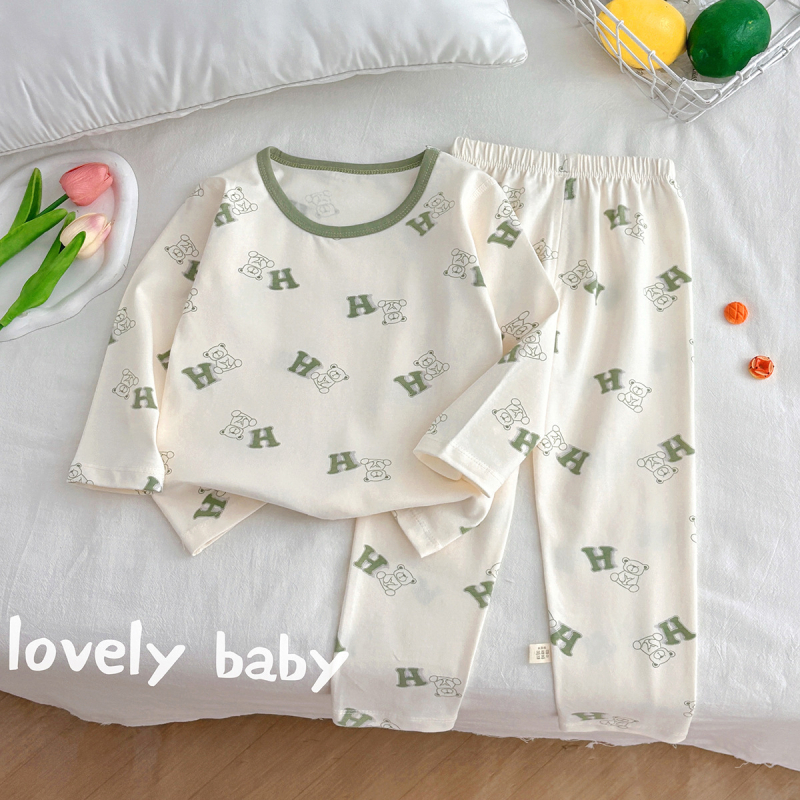 Set de pijamale pentru copii din bumbac cu Lycra, termic, imprimeuri, croială slim, mâneci lungi, pentru începutul toamnei