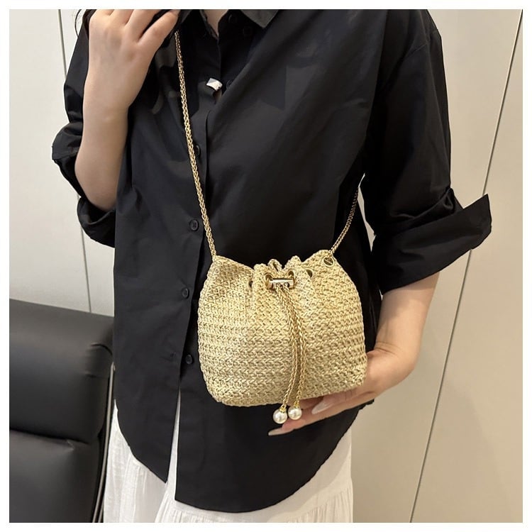 Geantă bucket în stil coreean, simplă, culoare solidă, textură elegantă, crossbody împletită pentru femei, modă 2026