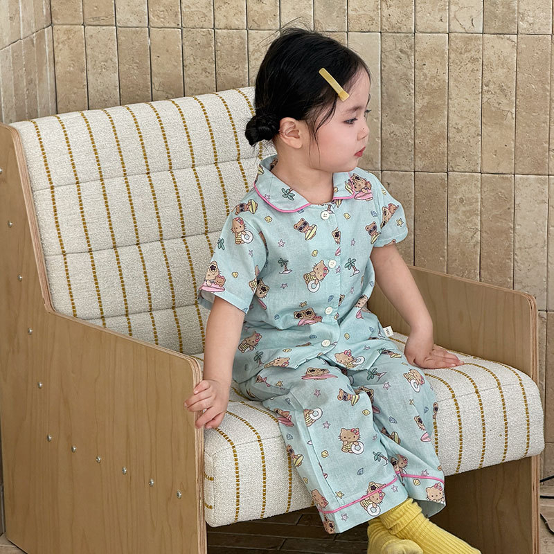 Pijamale pentru copii din bumbac 100% – țesătură din tifon pentru primăvară-vară, mâneci scurte, pantaloni lungi, unisex, imprimeu cu desene animate, set din două piese