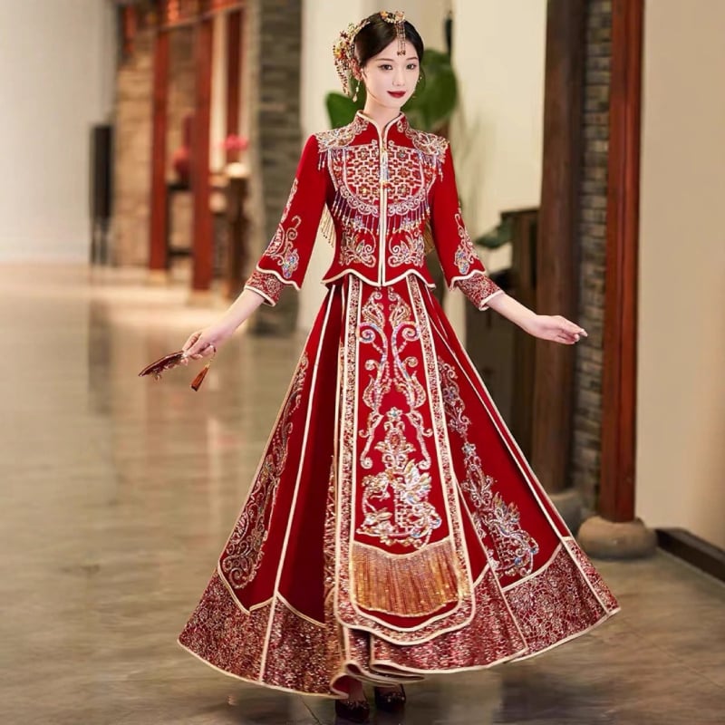 Rochie de mireasă din catifea cu dragon și phoenix, guler înalt, broderie