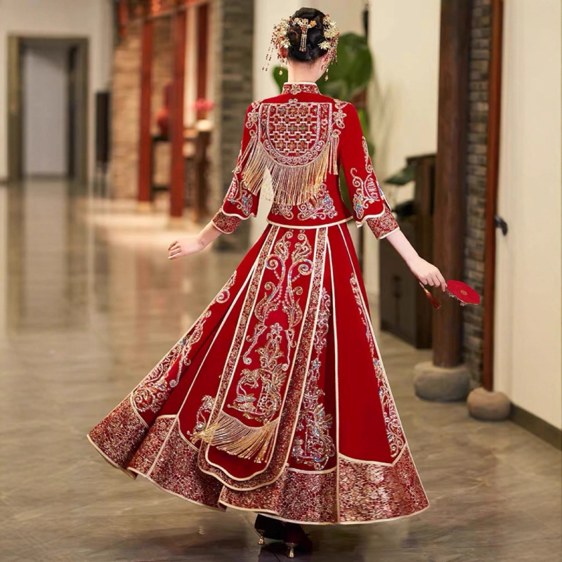Rochie de mireasă din catifea cu dragon și phoenix, guler înalt, broderie