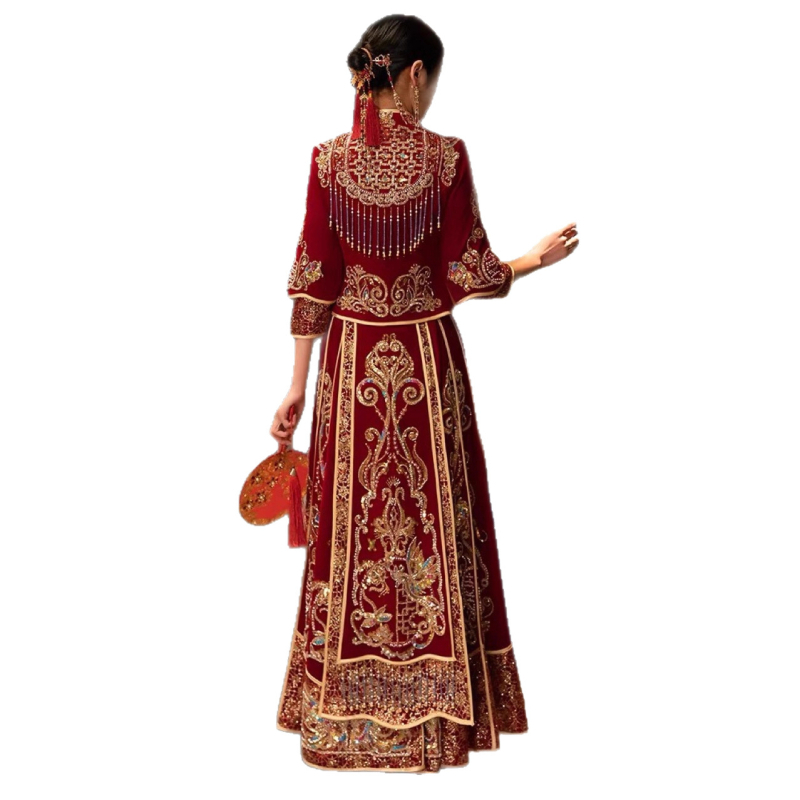 Rochie de mireasă din catifea cu dragon și phoenix, guler înalt, broderie