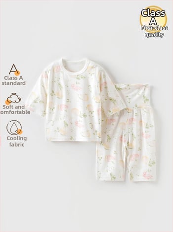 Letné pyžamo pre bábätká, unisex, ľahká viskóza, 3/4 rukávy, okrúhly výstrih, znížené ramená, so vzormi zvierat, pruhov, kreslených obrázkov, avatara, písmen, kvetov