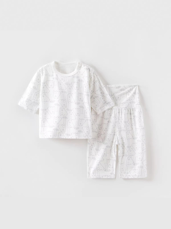 Set pijamale de vară pentru copii, unisex, ușor, viscose, mâneci 3/4, guler rotund, umeri pliati, modele: animale, dungi, desene, Avatar, litere, flori