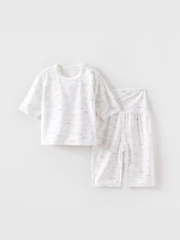 Set pijamale de vară pentru copii, unisex, ușor, viscose, mâneci 3/4, guler rotund, umeri pliati, modele: animale, dungi, desene, Avatar, litere, flori
