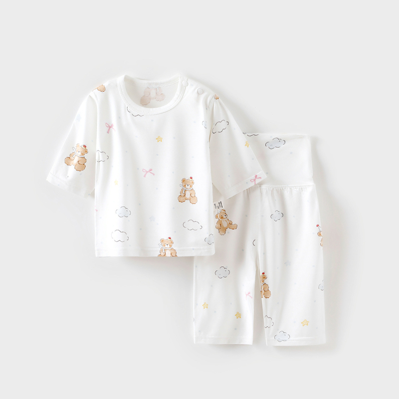 Set pijamale de vară pentru copii, unisex, ușor, viscose, mâneci 3/4, guler rotund, umeri pliati, modele: animale, dungi, desene, Avatar, litere, flori