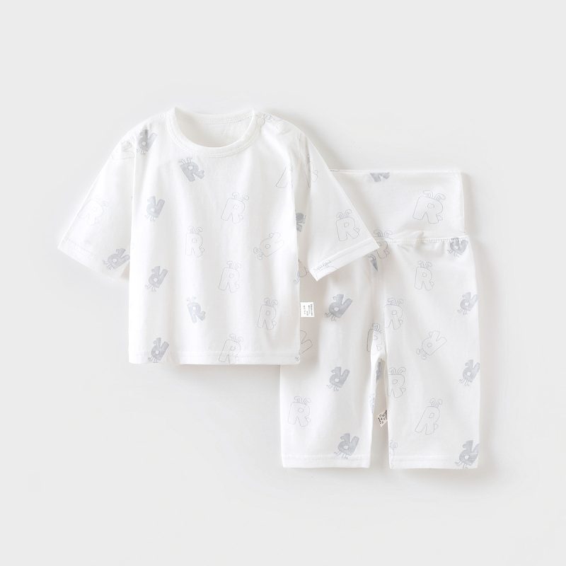 Set pijamale de vară pentru copii, unisex, ușor, viscose, mâneci 3/4, guler rotund, umeri pliati, modele: animale, dungi, desene, Avatar, litere, flori