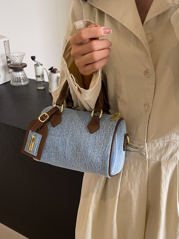 Geantă de damă din denim, cilindrică, cu bretea de umăr și curea crossbody, de dimensiune mică