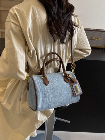 Geantă de damă din denim, cilindrică, cu bretea de umăr și curea crossbody, de dimensiune mică