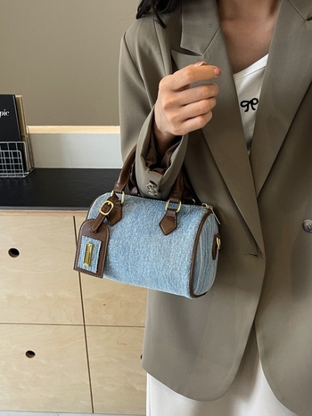 Geantă de damă din denim, cilindrică, cu bretea de umăr și curea crossbody, de dimensiune mică