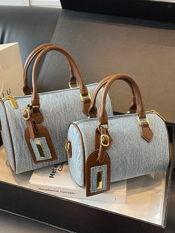 Geantă de damă din denim, cilindrică, cu bretea de umăr și curea crossbody, de dimensiune mică