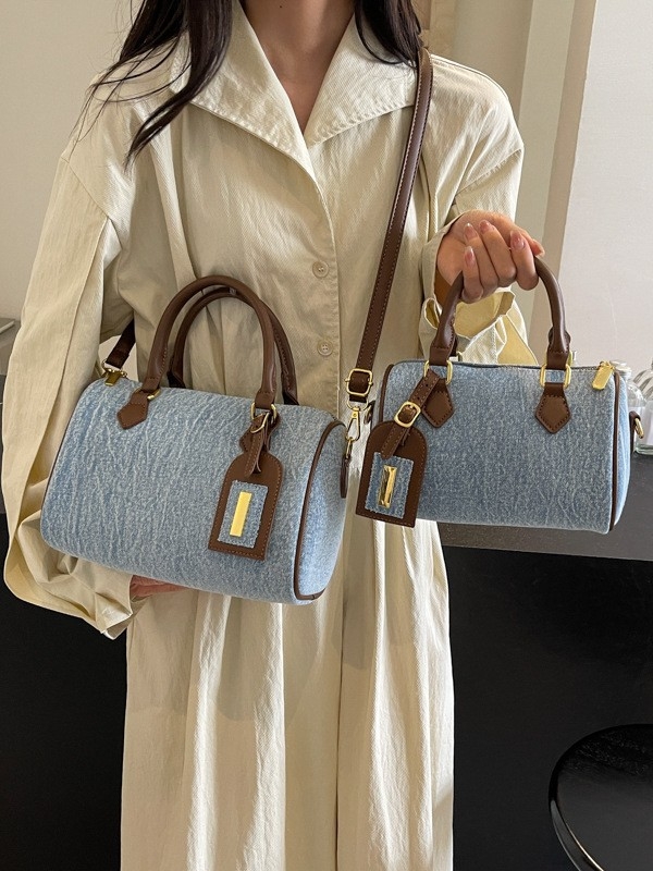 Geantă de damă din denim, cilindrică, cu bretea de umăr și curea crossbody, de dimensiune mică