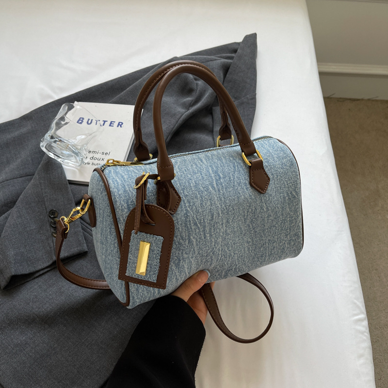 Geantă de damă din denim, cilindrică, cu bretea de umăr și curea crossbody, de dimensiune mică