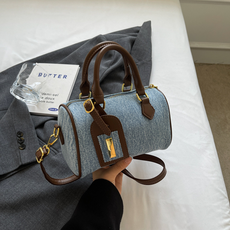 Geantă de damă din denim, cilindrică, cu bretea de umăr și curea crossbody, de dimensiune mică