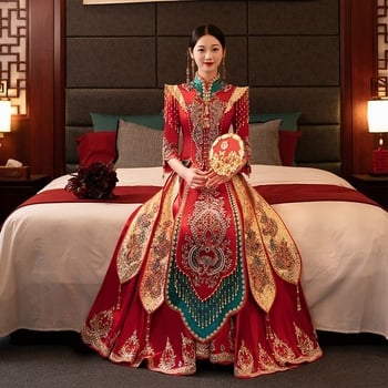 Rochie de mireasă Xiuhe, bogat decorată, primăvara 2025, blocuri roșu-verde, inspirație chineză