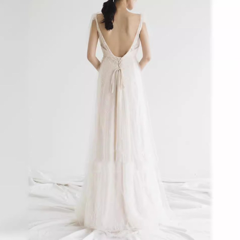 Rochie de mireasă din dantelă, în stil coreean, ușoară și slim, cu spatele gol, inspirată de pădure pentru ședințe foto în timpul călătoriilor, dintr-o singură piesă, croială slim