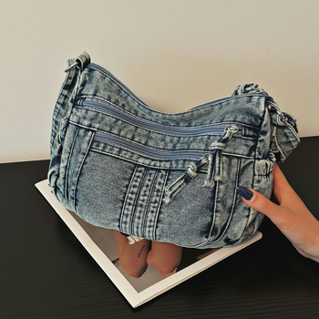 Geantă din denim cu straturi multiple, mică și pătrată, pentru umăr crossbody, vară 2025, femei, modernă și casual