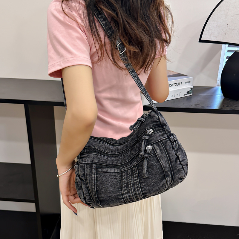 Geantă din denim cu straturi multiple, mică și pătrată, pentru umăr crossbody, vară 2025, femei, modernă și casual