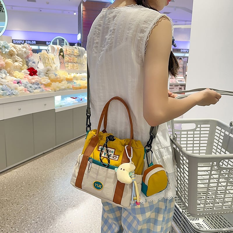 Geantă crossbody pentru femei, stil coreean 2025, bucket color-block, capacitate mare, pentru studente