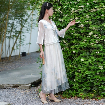 Ținută feminină în stil chinezesc, cu imprimare în tuș, inspirată de Hanfu, ansamblu Zen pentru ceremonia ceaiului, vară.