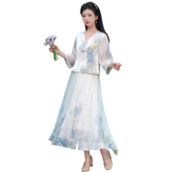 Ținută feminină în stil chinezesc, cu imprimare în tuș, inspirată de Hanfu, ansamblu Zen pentru ceremonia ceaiului, vară.