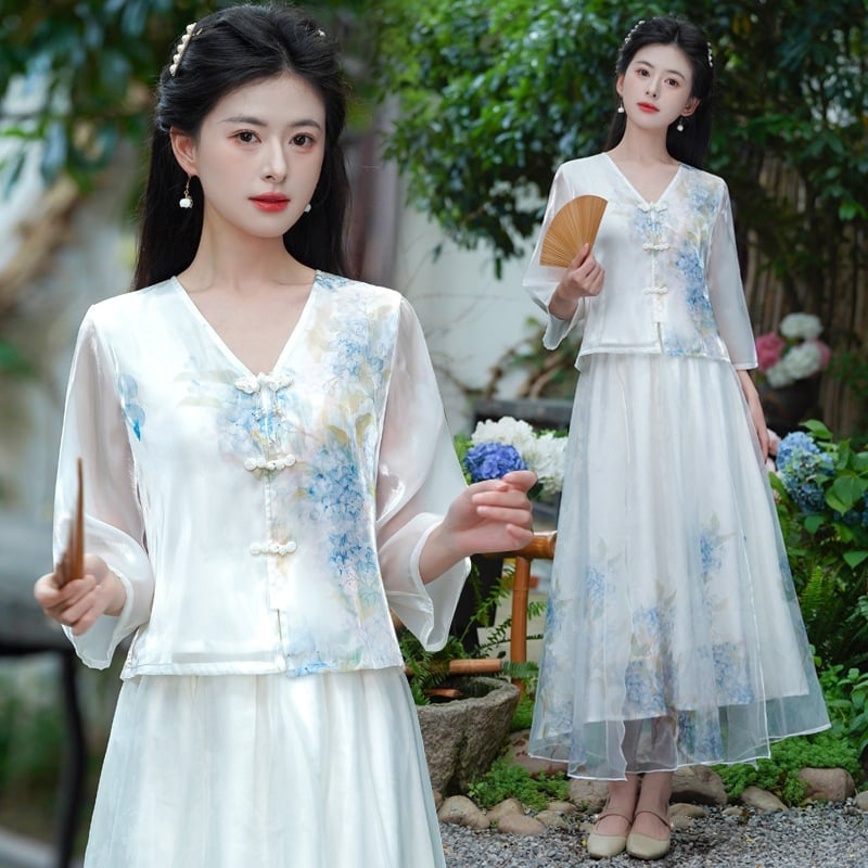 Ținută feminină în stil chinezesc, cu imprimare în tuș, inspirată de Hanfu, ansamblu Zen pentru ceremonia ceaiului, vară.