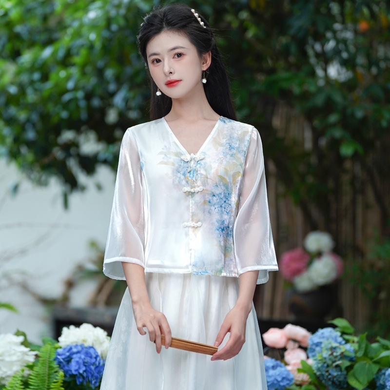 Ținută feminină în stil chinezesc, cu imprimare în tuș, inspirată de Hanfu, ansamblu Zen pentru ceremonia ceaiului, vară.
