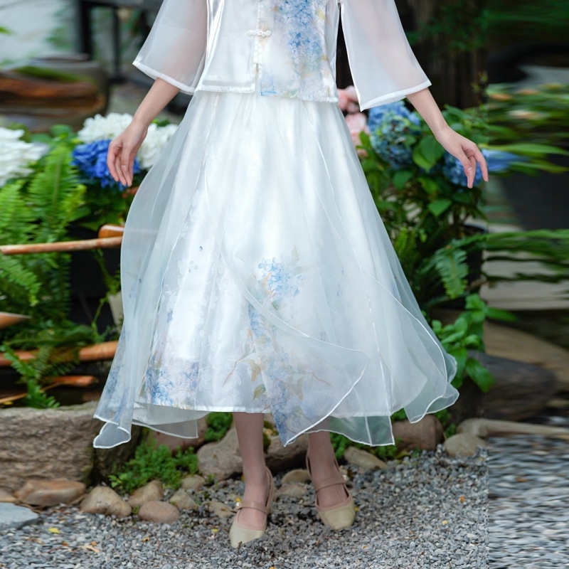 Ținută feminină în stil chinezesc, cu imprimare în tuș, inspirată de Hanfu, ansamblu Zen pentru ceremonia ceaiului, vară.