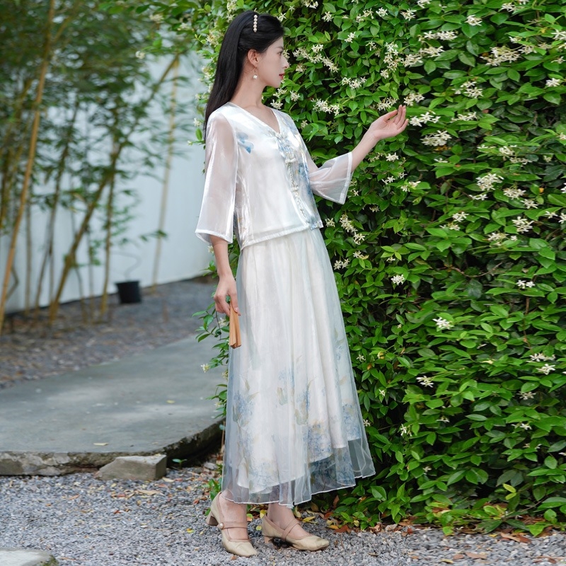 Ținută feminină în stil chinezesc, cu imprimare în tuș, inspirată de Hanfu, ansamblu Zen pentru ceremonia ceaiului, vară.