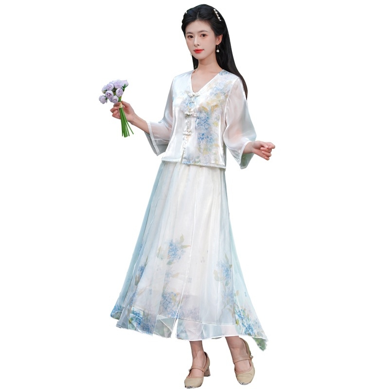 Ținută feminină în stil chinezesc, cu imprimare în tuș, inspirată de Hanfu, ansamblu Zen pentru ceremonia ceaiului, vară.